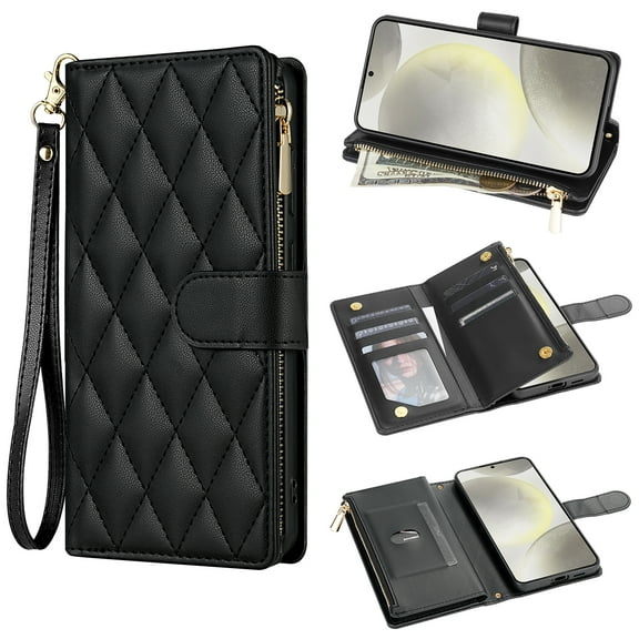 for Samsung Galaxy A35 Wallet case with Card Holder,Phone case RFID Blocking PU Leather Flip Shockproof Cover with Hand Strap Zipper Credit Card Holder Slots for Women Men,Black