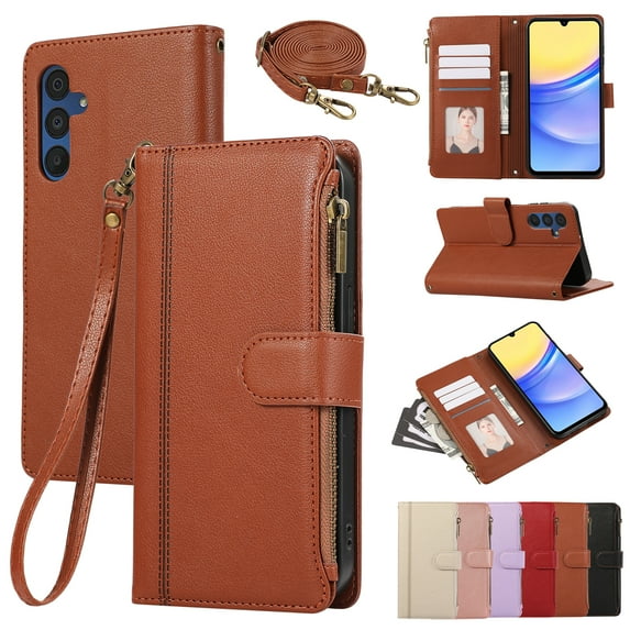 for Samsung Galaxy A35 Wallet case with Card Holder for Women Men,Phone case RFID Blocking PU Leather Flip Cover with Strap Zipper Credit Card Slots,Kickstand,With Wrist Strap,Brown