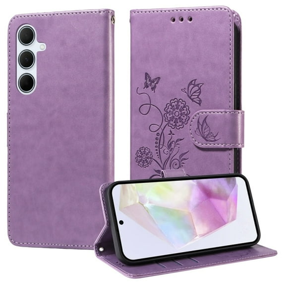 For Samsung Galaxy A36 5G 6.7 inch Embossed Butterfly Flowers With Card Slots And A Cash Compartment Shockproof Kickstand Flip Leather Phone Case For Women,Purple,For Galaxy A36 5G