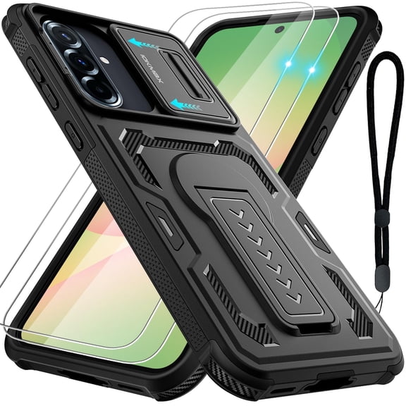for Samsung Galaxy A36 5G/A56 5G Case with 2 Pack Screen Protector, Upgrade Slide Camera Cover & Kickstand, Lanyard Strap, Military Grade Shockproof Heavy Duty Robust Bumper Phone Case, Black