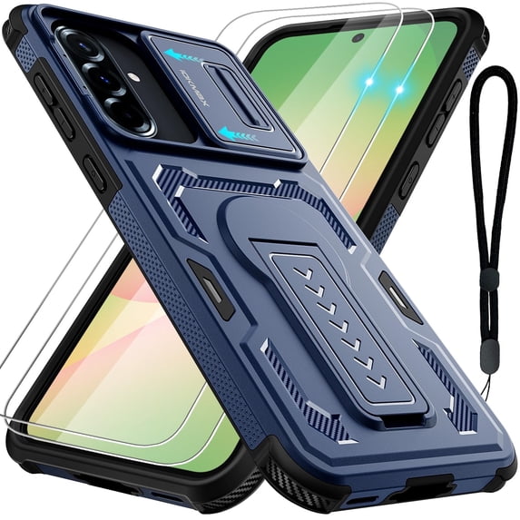 for Samsung Galaxy A36 5G/A56 5G Case with 2 Pack Screen Protector, Upgrade Slide Camera Cover & Kickstand, Lanyard Strap, Military Grade Shockproof Heavy Duty Robust Bumper Phone Case, Blue