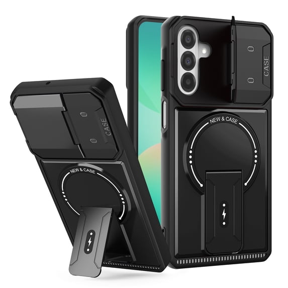 for Samsung Galaxy A36 5G Case, Compatible with MagSafe, Camera Flip Cover, Magnetic Bracket, Rugged Shockproof Drop Protection Durable Protective for Men & Women Hard PC Back Case, Black