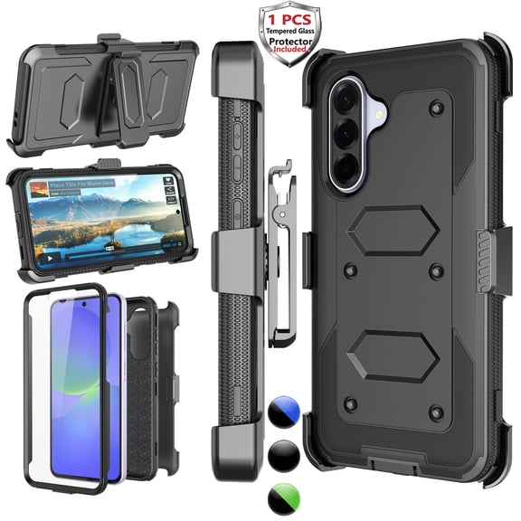 Samsung Galaxy A36 5G Case with Holster Clip [3-in-1 Rotating Belt Clip & Kickstand] Built-in Screen Protector, Shockproof Full-Body Cover, Wireless Charging Compatible  Black