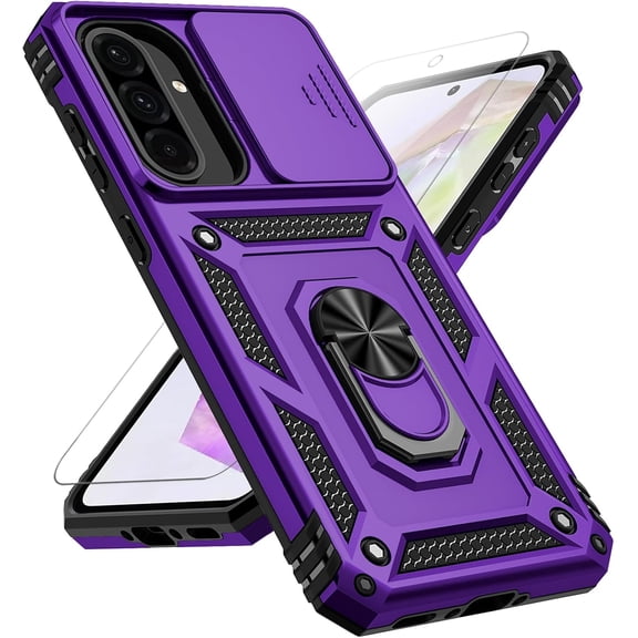 for Samsung Galaxy A36 5G Case with Slide Camera Cover HD Screen Protector [Military Grade 16ft. Drop Tested] Magnetic Ring Holder Kickstand Protective Phone Case for Galaxy A36 5G 2025, Purple
