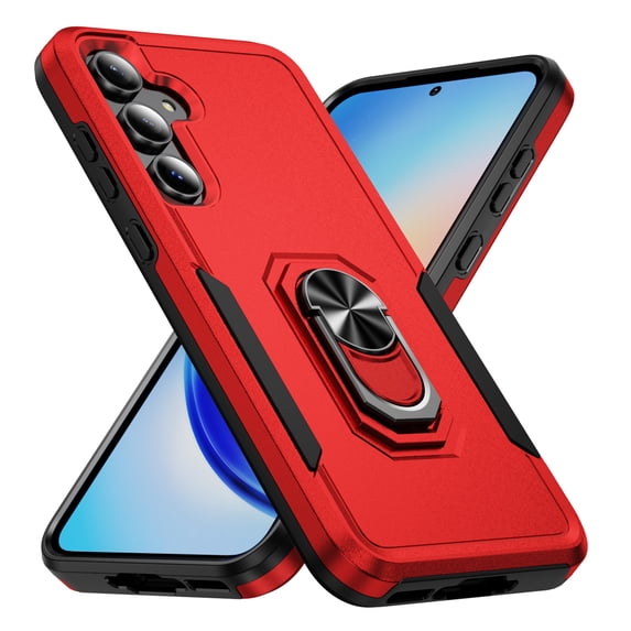 for Samsung Galaxy A36 5G Case, Slim Fit Military Grade Drop Tested Dual Layer Shockproof Case with 360 Ring Holder Kickstand Protective Rugged Car Magnetic Non-Slip Phone Case,Red+Black