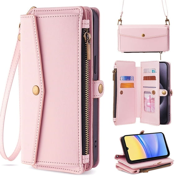 for Samsung Galaxy A36 5G Case Wallet with Card Holder Zipper Bills Slot, Soft PU Leather Detachable Shoulder Strap and Wrist Strap Kickstand for Samsung Galaxy A36 5G Rugged Cover, Pink