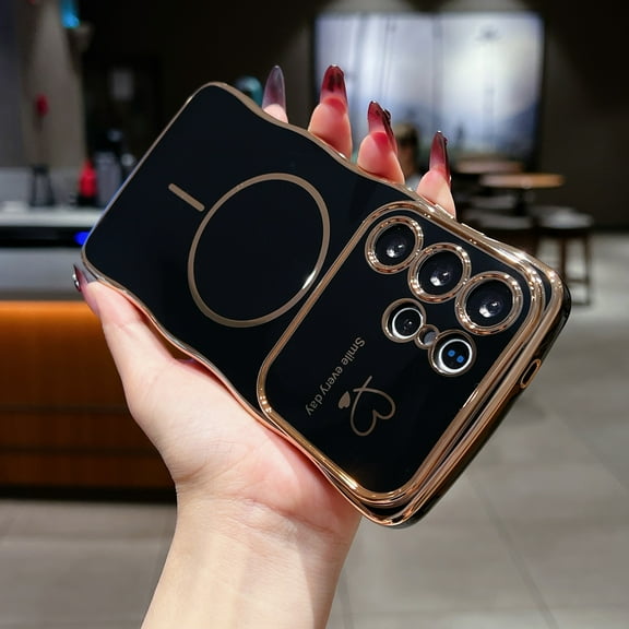 For Samsung Galaxy A36 5G Case for Women Girls [Compatible with MagSafe] Cute Curly Wave Shape, Magnetic Love Heart Pattern with Camera Lens Cover Luxury Plating Shockproof Phone Case, Black