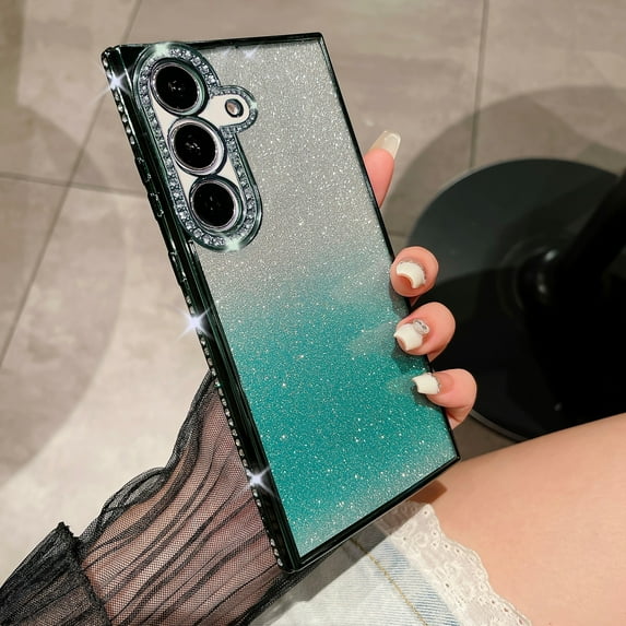 for Samsung Galaxy A36 5G Clear Glitter Case, Cute Luxury Bling Sparkly Diamond Rhinestones with Camera Protector Soft TPU Plating Shockproof Bumper Slim Rubber Women Girls Case,Darkgreen