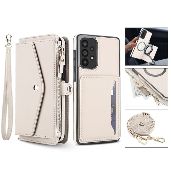 For Samsung Galaxy A36 5G Crossbody Wallet Phone Case,Magnetic Detachable Flip,With Shoulder Strap&Wrist Strap,Zipper Pocket,Card&Cash Slots,PU Leather Shockproof Rugged Phone Case,White