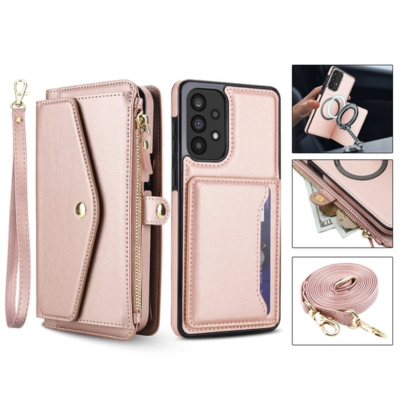 For Samsung Galaxy A36 5G Crossbody Wallet Phone Case,Magnetic Detachable Flip,With Shoulder Strap&Wrist Strap,Zipper Pocket,Card&Cash Slots,PU Leather Shockproof Rugged Phone Case,Rosegold
