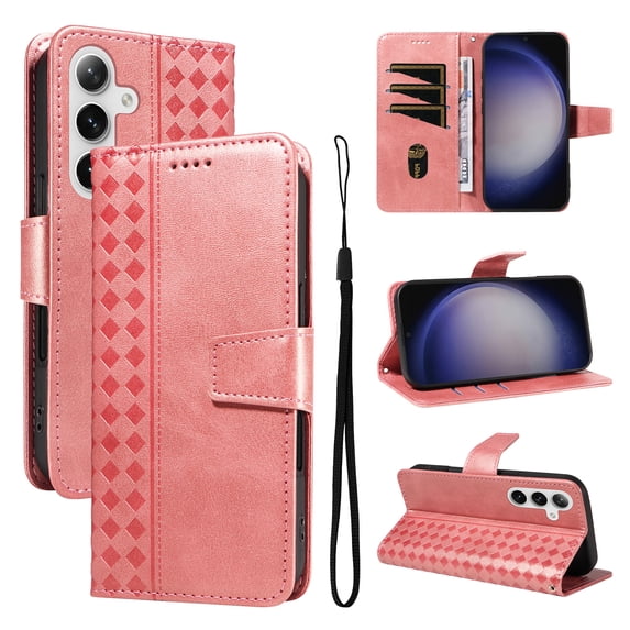 for Samsung Galaxy A36 5G Flip Case with Cash Slot Credit Card Slots Kickstand PU Leather Shockproof Lightweight Full Body Protective Magentic Clasp Rugged Case Cover with Wrist Strap, Rosegold