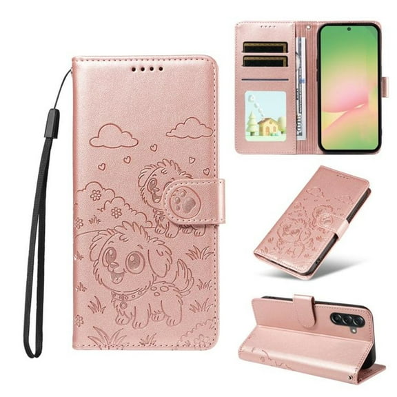 For Samsung Galaxy A36 5G Litter Dog Embossing Leather Phone Case with RFID Blocking Card Slot Wallet Magnetic Clasp Lanyard Flip Stand Case,Pink,For Galaxy A36 5G