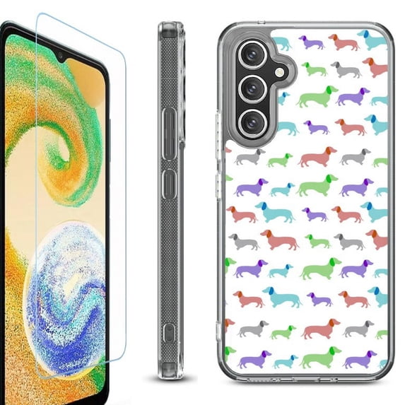 For Samsung Galaxy A36 5G Phone Case Cover, Shockproof Bumper Hybrid Case with Tempered Glass Screen Protector, by OneToughShield - Colorful Dachshund/Puppy