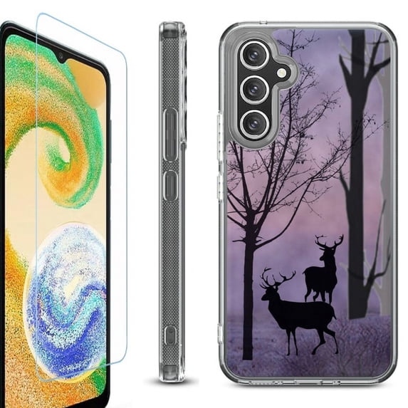 For Samsung Galaxy A36 5G Phone Case Cover, Shockproof Bumper Hybrid Case with Tempered Glass Screen Protector, by OneToughShield - Forest/Deer/Twilight