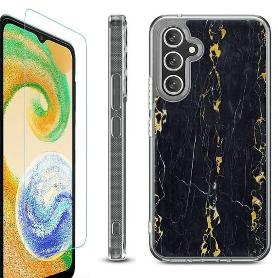 For Samsung Galaxy A36 5G Phone Case Cover, Shockproof Bumper Hybrid Case with Tempered Glass Screen Protector, by OneToughShield - Marble / Gold/Black