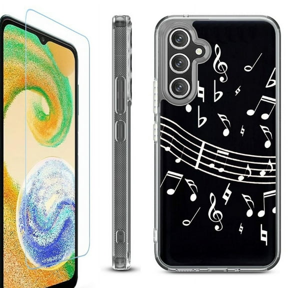 For Samsung Galaxy A36 5G Phone Case Cover, Shockproof Bumper Hybrid Case with Tempered Glass Screen Protector, by OneToughShield - Music Notes / Black
