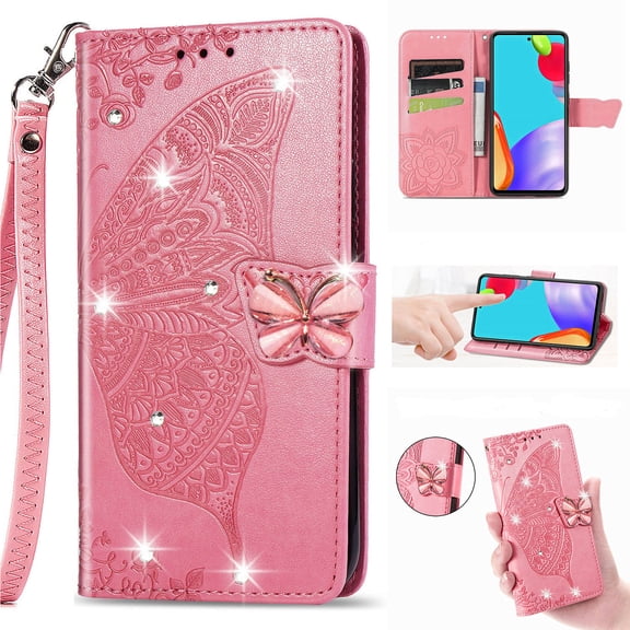 for Samsung Galaxy A36 5G Phone Case Wallet, Women Flip Folio Cover with Credit Card Holders Diamond Emboss Butterfly Flower PU Leather Purse Wrist Strap Kickstand Case for A36 5G, Pink