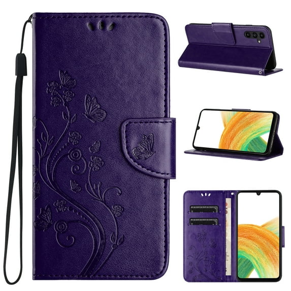 for Samsung Galaxy A36 5G Phone Case Wallet,Women Flip Folio Kickstand Cover with Credit Card Holders Emboss Butterfly Flower PU Leather Purse Wrist Strap Shockproof Case,Purple