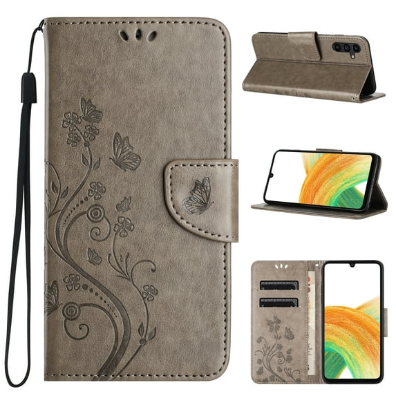 for Samsung Galaxy A36 5G Phone Case Wallet,Women Flip Folio Kickstand Cover with Credit Card Holders Emboss Butterfly Flower PU Leather Purse Wrist Strap Shockproof Case,Gray