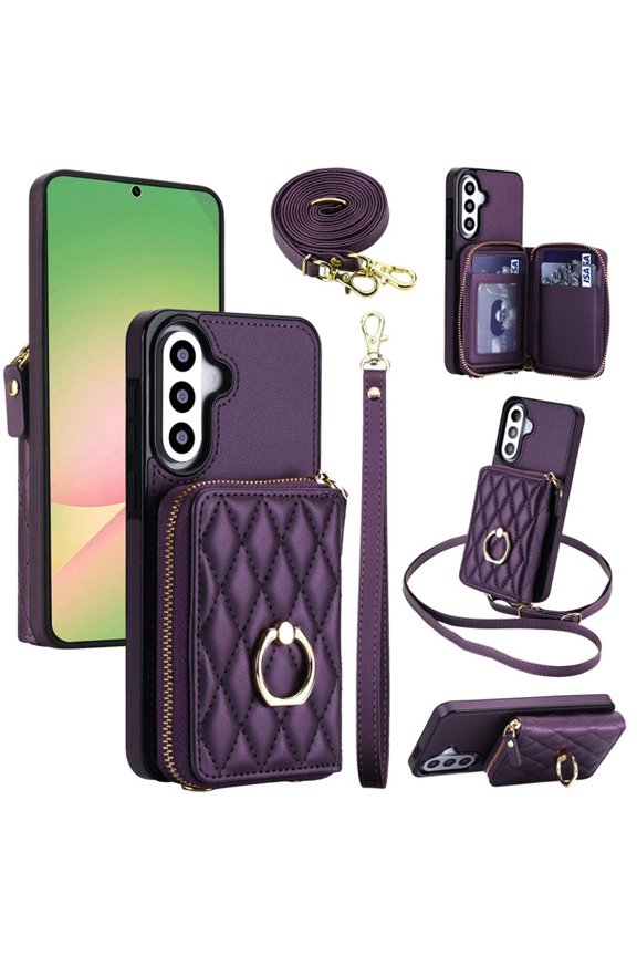 For Samsung Galaxy A36 5G RFID Blocking Wallet Case Magnetic Flip Cover Multi-Card Slots Zipper Pocket With 360 ° Rotating Ring Holder Detachable Shoulder Strap And Wrist Strap,Dark purple