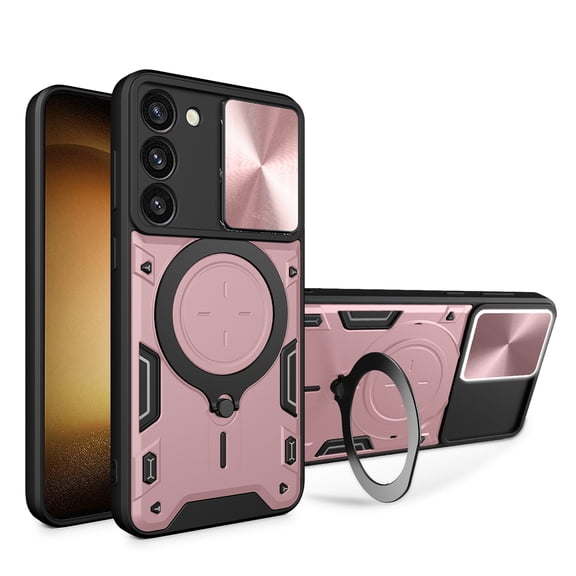 for Samsung Galaxy A36 5G Rugged Case, Case with Ring Holder Stand, Camera Lens Sliding Cover, Support Magnetic Car Mount Holder, Shockproof Protective Case for Samsung Galaxy A36 5G, Pink