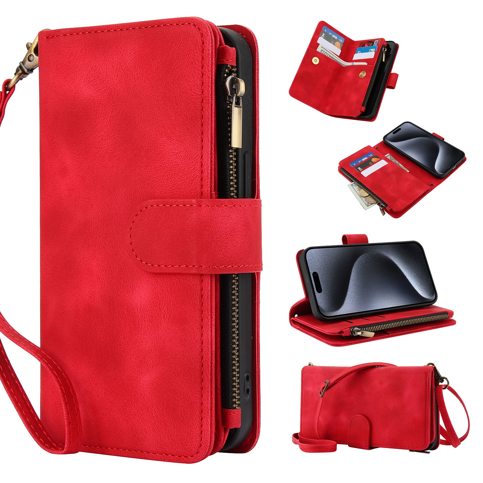 for Samsung Galaxy A36 5G Wallet Case with Card Holder for Women Men, Phone Case RFID Blocking PU Leather Flip Shockproof Cover with Shoulder + Wrist Strap Zipper Credit Card Slots Stand, Red