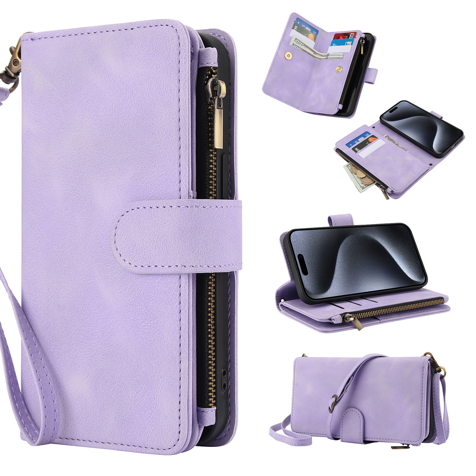 for Samsung Galaxy A36 5G Wallet Case with Card Holder for Women Men, Phone Case RFID Blocking PU Leather Flip Shockproof Cover with Shoulder + Wrist Strap Zipper Credit Card Slots Stand, Purple
