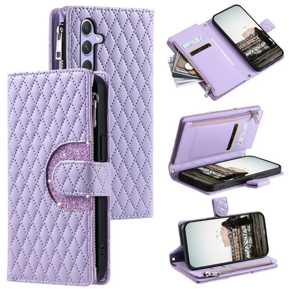 for Samsung Galaxy A36 5G Wallet Case, Classic PU Leather Phone Case for Women Men with Zipper Credit Card Holder Wrist Strap Crossbody Strap Shockproof Flip Case for A36 5G, Purple