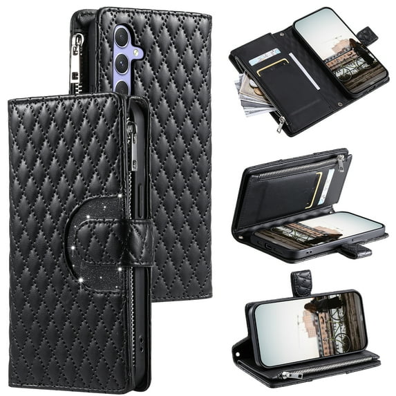for Samsung Galaxy A36 5G Wallet Case, Classic PU Leather Phone Case for Women Men with Zipper Credit Card Holder Wrist Strap Crossbody Strap Shockproof Flip Case for A36 5G, Black
