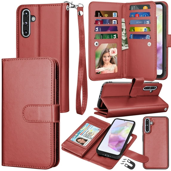 For Samsung Galaxy A36 5G Wallet Case with Credit Card Holder for Women Men, Flip PU Leather Wallet Phone Case for Galaxy A36, Tekcoo Detachable Magnetic Kickstand Cover with Wrist Strap, Wine Red