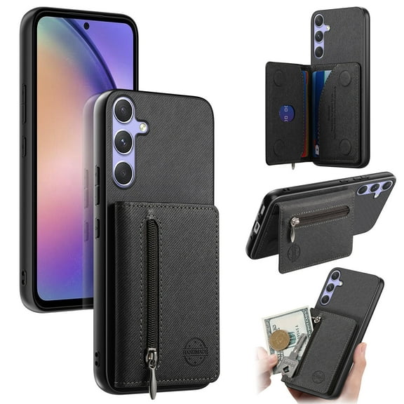 for Samsung Galaxy A36 5G Wallet Case, Denim Texture PU Leather Back Cover with Zipper Card Slots, Kickstand Shock-Absorbent Protective Case Cover, Anti-Scratch Durable RFID Blocking, Black