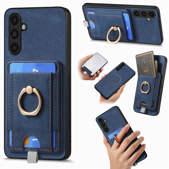 for Samsung Galaxy A36 5G Wallet Case with Detachable Card Holder & 360° Rotation Finger Ring Holder Stand, Shockproof PU Leather Phone case with Card Slot for Men Women for A36 5G, Blue