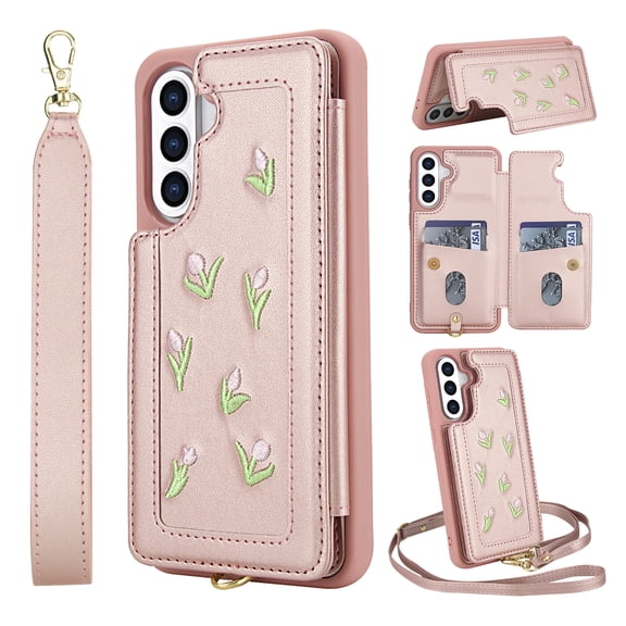 for Samsung Galaxy A36 5G Wallet Case, Magnetic Snap Flip PU Leather TPU Cover with Flower Design Credit Card Holder Stand Wristband Shoulder Strap Protective Phone Case for Women Girls, Rosegold