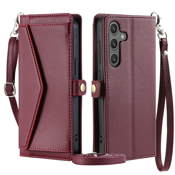 For Samsung Galaxy A36 5G Wallet Case, RFID Blocking Crossybody Shoulder Strap Hand Wrist Flip Cover Carsd Holder Snap Closure Protective Phone Case for Samsung Galaxy A36 5G, Winered