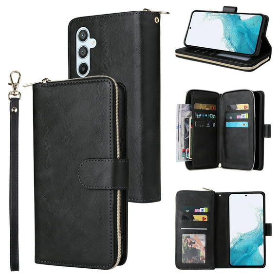 for Samsung Galaxy A36 5G Wallet Case with Zipper Pocket, PU Leather Card Holder Cover, Kickstand Magnetic Clasp Wrist Strap Heavy Duty Shockproof Protective Phone Case for Galaxy A36 5G, Black