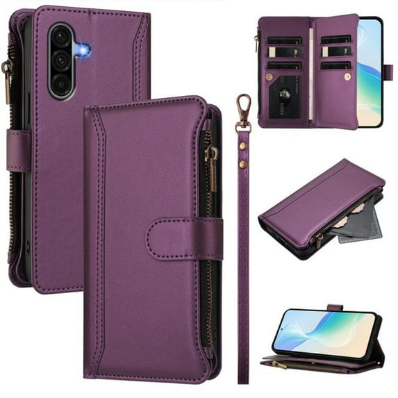 For Samsung Galaxy A36 5G Wallet Phone Case-PU Leather Magnetic Flip Cover with 9 Credit Card Slots,Zipper Pocket & Detachable Wrist Strap,Shockproof,Purple,For Galaxy A36 5G