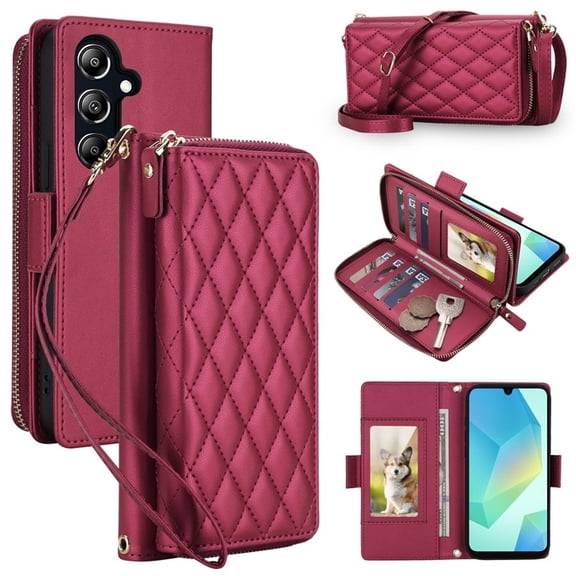 For Samsung Galaxy A37 5G 6.7"【RFID Blocking 】Diamond Grid Wallet Case Magnetic Flip Cover 7-Card Slots Zipper Pocket With Detachable Shoulder Strap And Wrist Strap,Wine red,For Galaxy A37(5G)