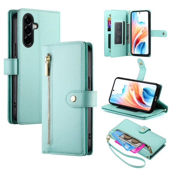 For Samsung Galaxy A37 5G 6.7-inch Wallet Case Multi-Card Slots Zipper Pocket With Shoulder Strap and Wrist Strap Leather Phone Case,Green,For Galaxy A37 5G