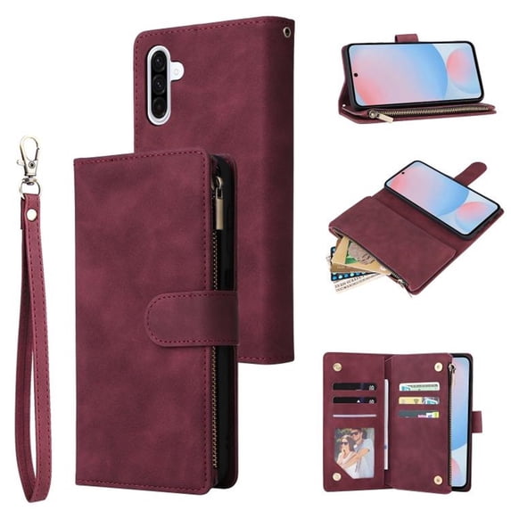 For Samsung Galaxy A37 5G Matte Texture Wallet Phone Case with 6 Card Holder Zipper Pocket, Magnetic Closure Premium Folio PU Leather Flip Case With Wrist Strap,Wine red,For Galaxy A37 5G