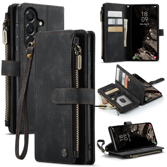 For Samsung Galaxy A37 5G Wallet Case with Card Slots, Leather Detachable Wristlet Strap 3-in-1 Zipper Pocket and Magnetic Flip Folio, RFID Blocking Card Holder Stand Case for Women and Men,Black