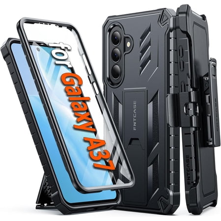 for Samsung Galaxy A37 Case: with Belt-Clip Holster | Built-in Screen Protector | Kickstand Military Grade Drop Proof Protection Heavy Duty Rugged Shockproof Protective Sturdy Phone Case Black
