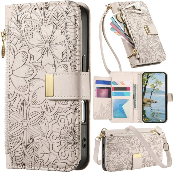 for Samsung Galaxy A37 Leather Phone Case Zipper Wallet Handbag, Embossed Floral Folio Flip Cover Kickstand, 2 Layer Card Slot Cash Holder, Magnetic Clasp, Shoulder Wrist Strap