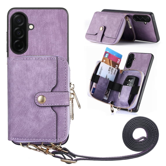 for Samsung Galaxy A37 Wallet Case, PU Leather Case with Back Card Holder Kickstand, Magnetic Button Flip Folio Shockproof Zipper Crossbody Strap Purse Phone Case for A37, Purple