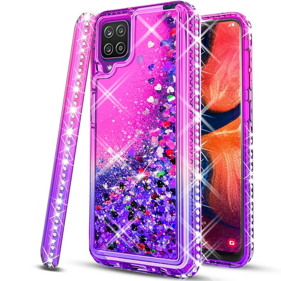 Samsung Galaxy A41 5G Case,  with [Tempered Glass Protector Included] Liquid Floating Glitter Quicksand Bling with Spot Diamond Cover - Pink/Purple