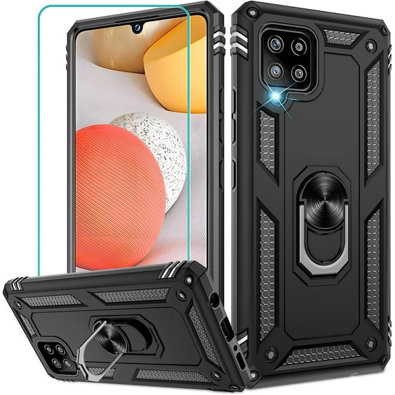Samsung Galaxy A42 5G Case, with HD Screen Protector, Dual Guard Protection Series Case with Portable Magnetic Ring Stand for Samsung A42 5G, Black