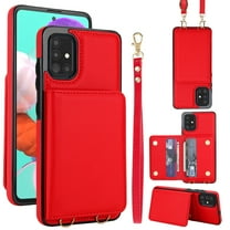 For Samsung Galaxy A42 5G Phone Case Wallet Card Holder,RFID Blocking PU Leather Back Magnetic Flip Kickstand Folio Case Wrist Lanyard & Crossbody Strap Protective Women Girls Cover,Red