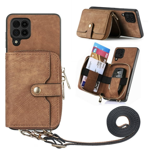for Samsung Galaxy A42 5G Wallet Case, Crossbody Phone Purse with Card Holder for Women, Zipper PU Leather Carrying Cover Gift with Shoulder Strap Kickstand Anti-drop for A42 5G - Brown