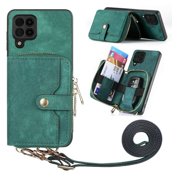 for Samsung Galaxy A42 5G Wallet Case, Crossbody Phone Purse with Card Holder for Women, Zipper PU Leather Carrying Cover Gift with Shoulder Strap Kickstand Anti-drop for A42 5G - Green