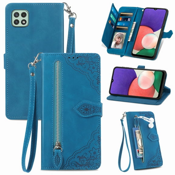 for Samsung Galaxy A42 5G Wallet Case, [Flower Embossed] Premium PU Leather Wallet Flip Protective Phone Case Cover with Card Slots and Stand with Wrist Strap for Samsung Galaxy A42 5G 6.6",Blue