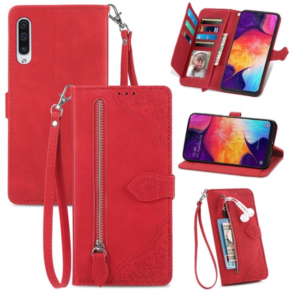 for Samsung Galaxy A50 6.4 inch Case, Wallet for Women Men, Durable PU Leather Magnetic Flip Lanyard Strap Wristlet Zipper Card Holder Wallet Phone Case for Samsung Galaxy A50